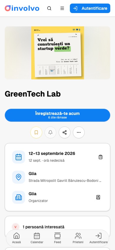 An event page: image, title, date, location and organizer.