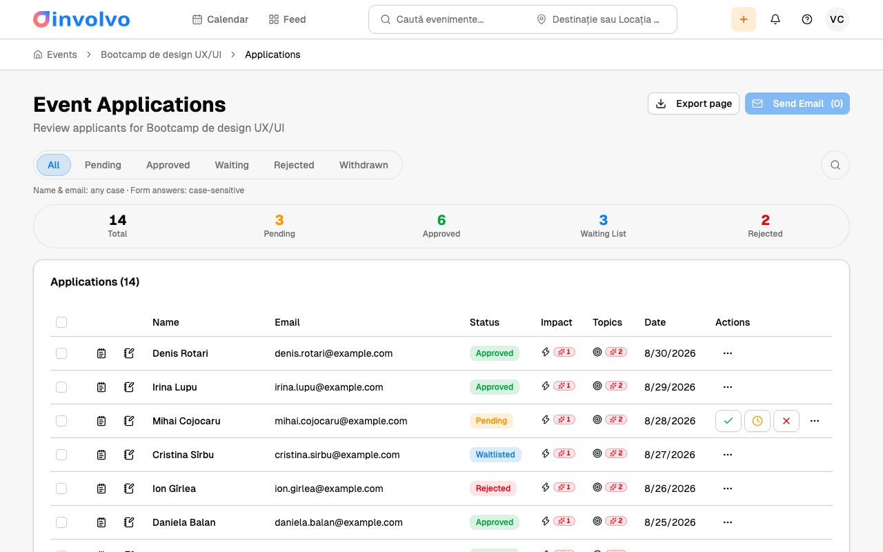 An event's admin screen: the applications list with names, statuses and approval actions.